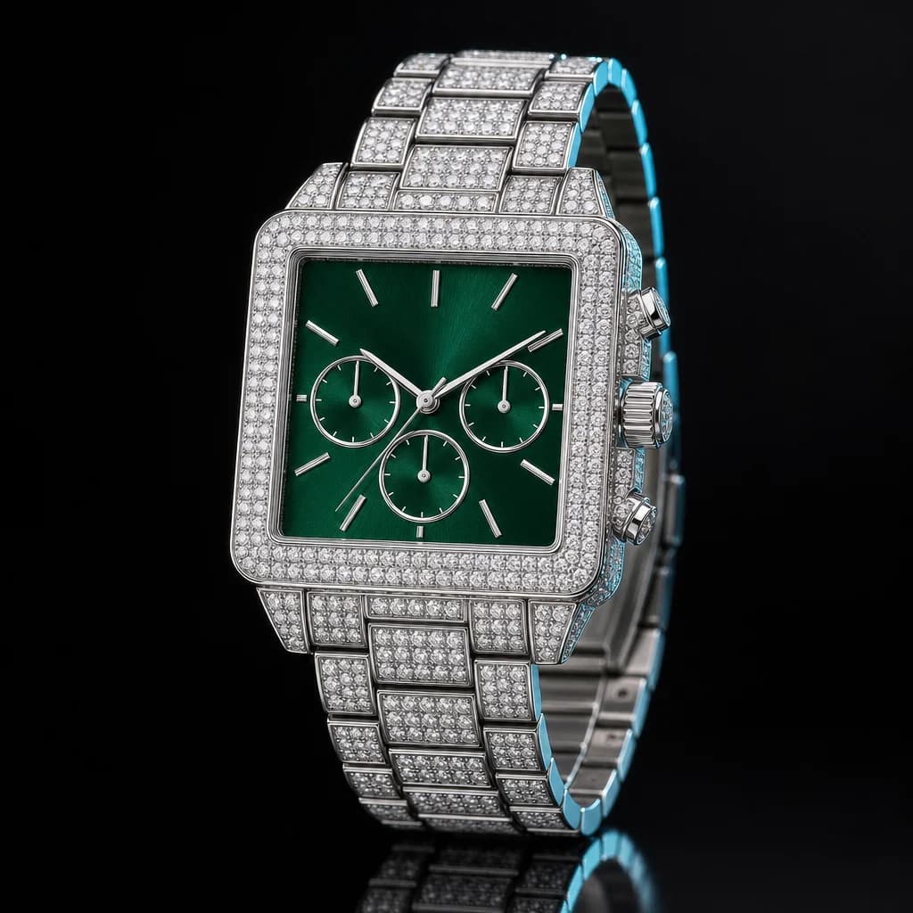 Blizzard Aurora — Green & Red Iced-Out Square Watch