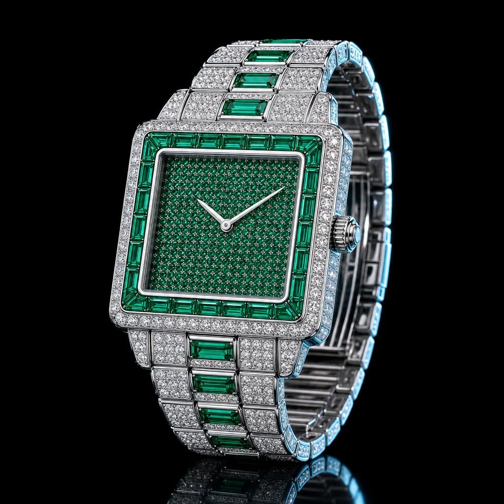 Blizzard Emerald Frost — Green & Silver Iced-Out Square Watch