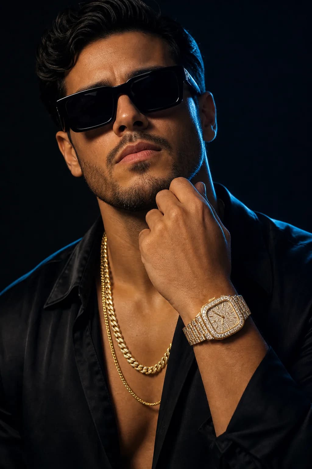Stone-set watch worn with layered gold chains, studio portrait