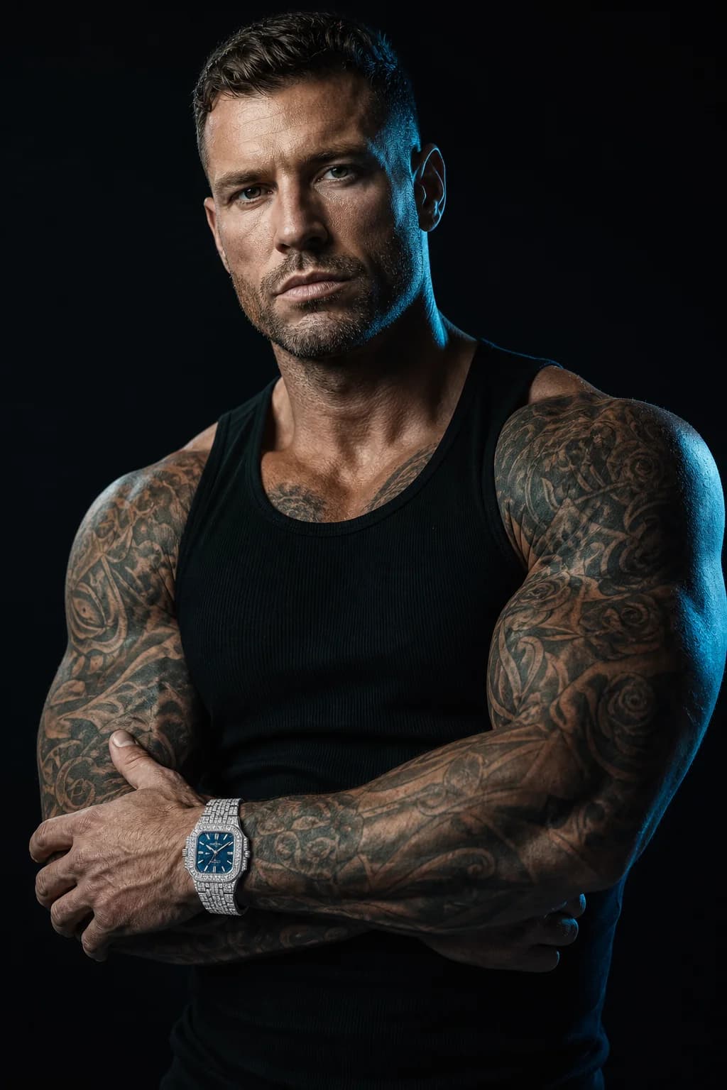 Stone-set watch worn on a tattooed wrist, studio portrait